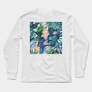 Tropical forest blue pink green beige tropical leaves Long Sleeve T-Shirt